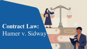 Graphic of people and books with text denoting a contract law case for Hamer v Sidway