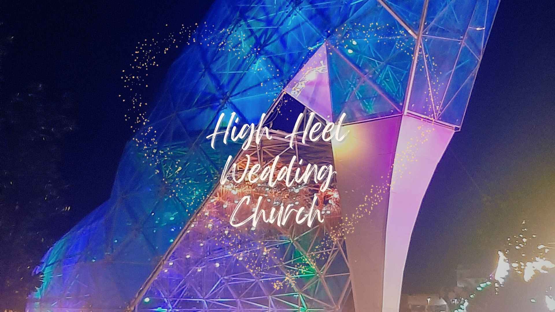 High Heel Wedding Church caption over blue glass building