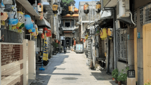 Historical Shennong Street with colored lanterns and brick walls